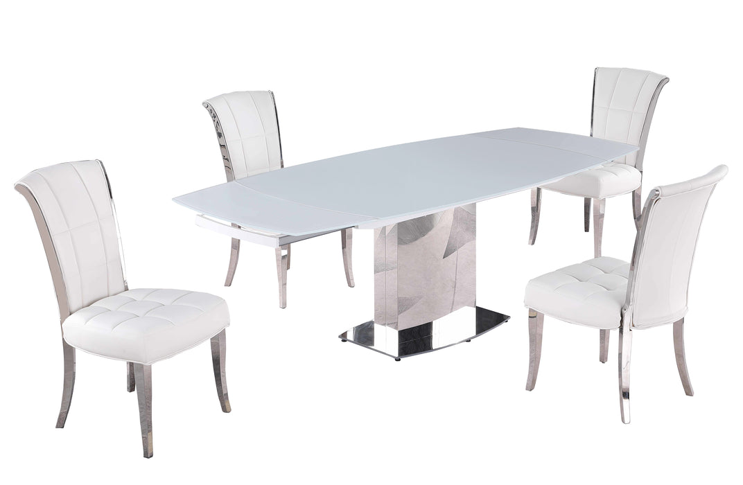 Dining Set w/ Extendable White Glass Table & Tufted Back Side Chairs MAVIS-IRIS-WHT-5PC-WHT