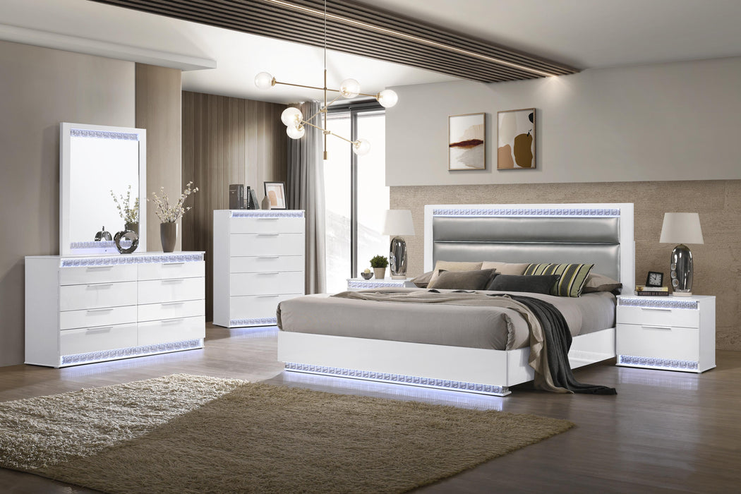 Modern Upholstered Gloss White King Bed w/ LED Lights MOSCOW-KG-BED