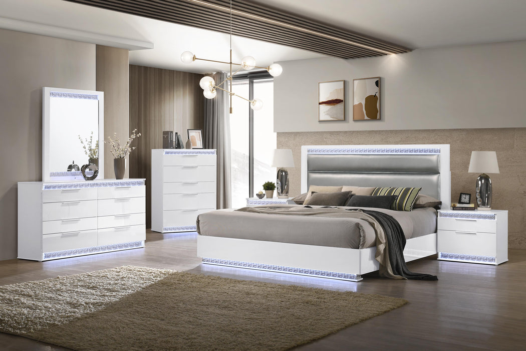 Modern Upholstered Gloss White Queen Bed w/ LED Lights MOSCOW-QN-BED