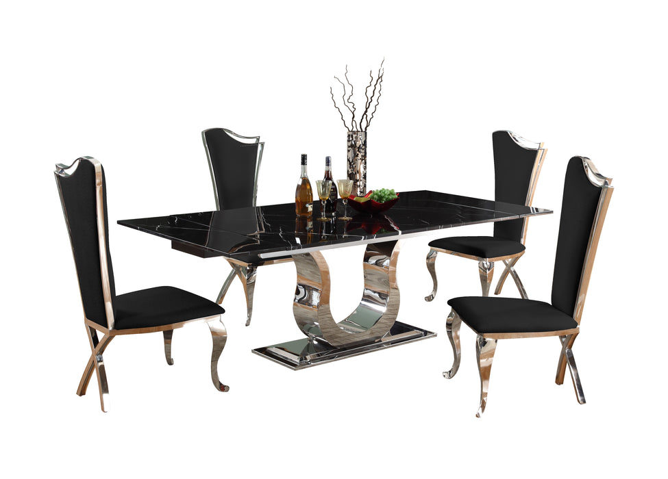 Contemporary Dining Set w/ Extendable Marble Table & 4 Black Chairs NADIA-5PC-BLK