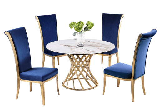 Dining Set w/ Sintered Stone Top, Golden Base & High Back Side Chairs TRACY-JOY-5PC-BGL-CER-47-BLU