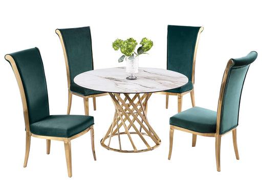 Dining Set w/ Sintered Stone Top, Golden Base & High Back Chairs TRACY-JOY-5PC-BGL-CER-47-GRN
