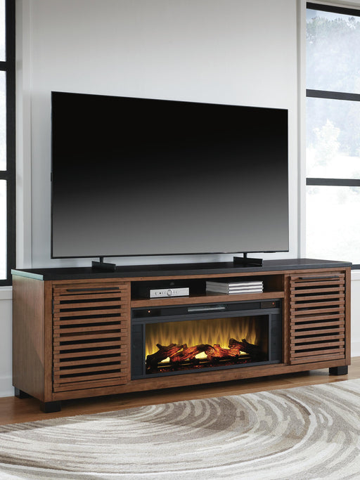 Kallari 84" TV Stand with Electric Fireplace - Warm Brown/Black