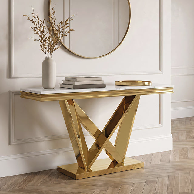 Villarsglane Sofa Table - Gold/White / Sofa Table