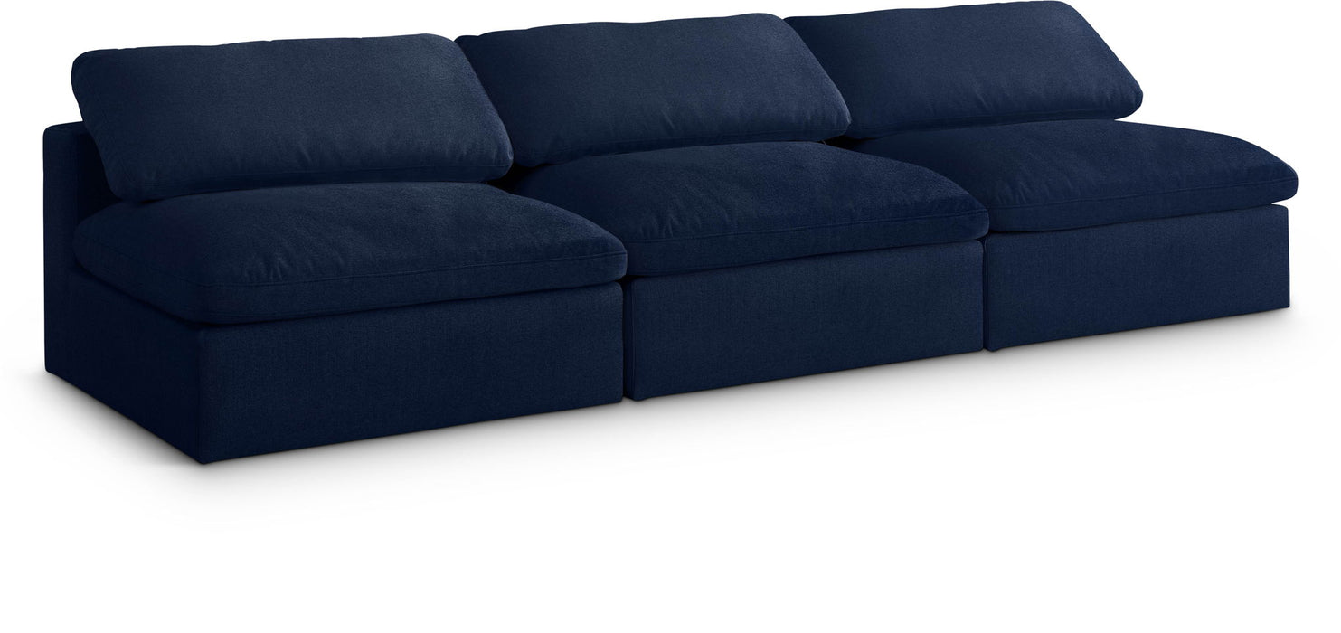 Sofá modular sin brazos tapizado de tela con textura de lino de confort de lujo Serene de 117" de 3 piezas