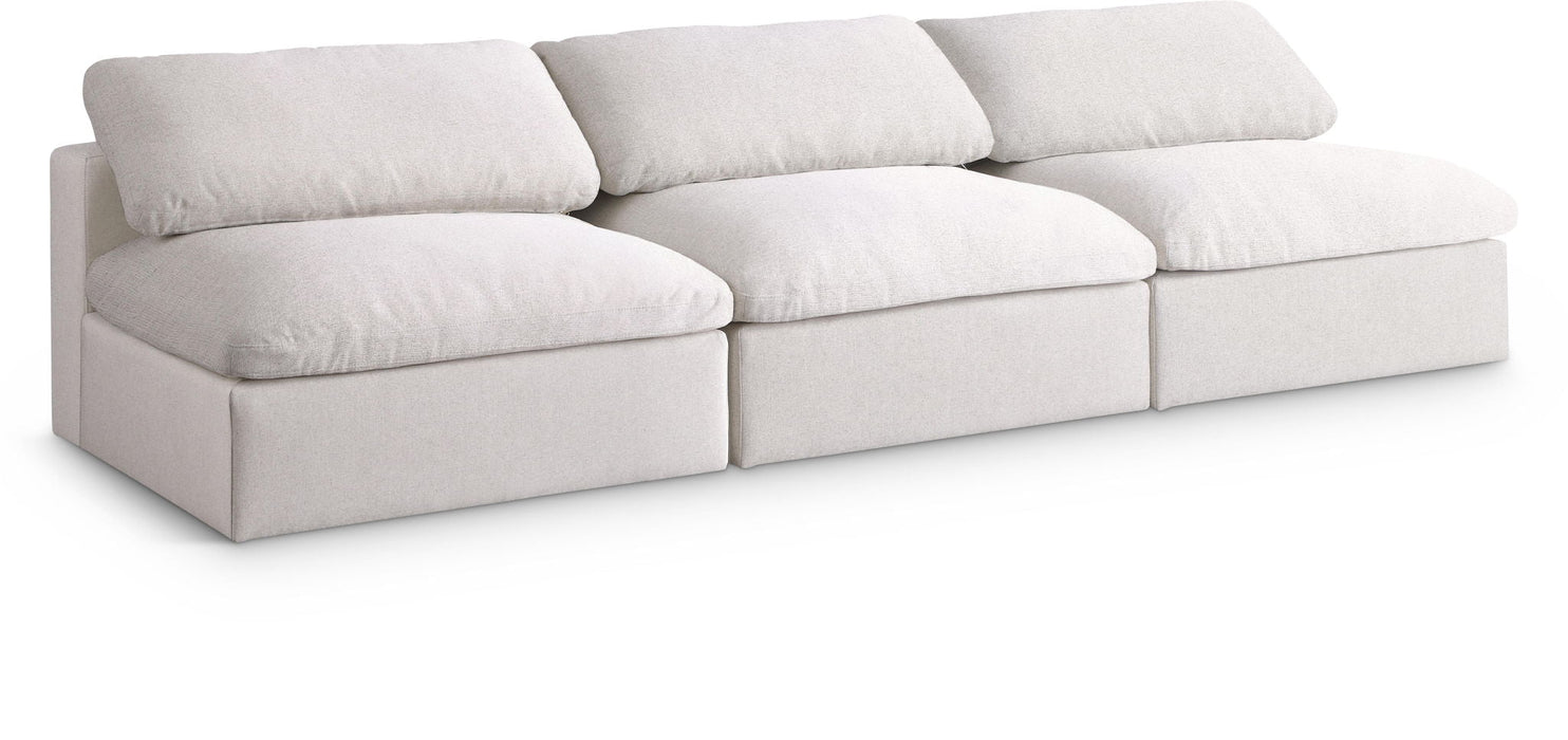 Sofá modular sin brazos tapizado de tela con textura de lino de confort de lujo Serene de 117" de 3 piezas