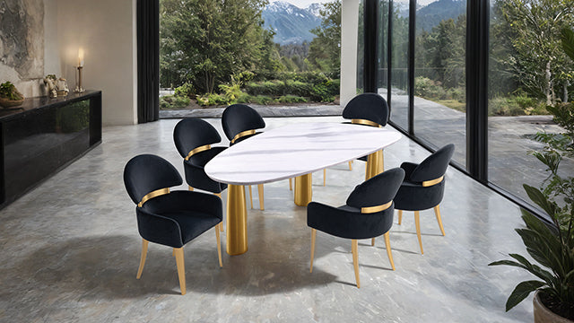 Northam 7 Pc. Dining Table Set W/ Black Chair - White/Matte Gold