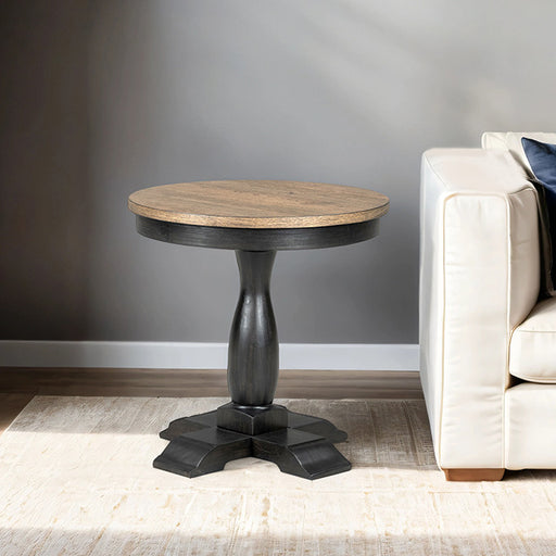 Neue Mills Round End Table - Weathered Black/Brown