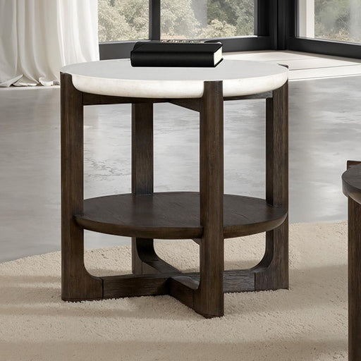 Vellara End Table w/ Stone Top - Dark Walnut