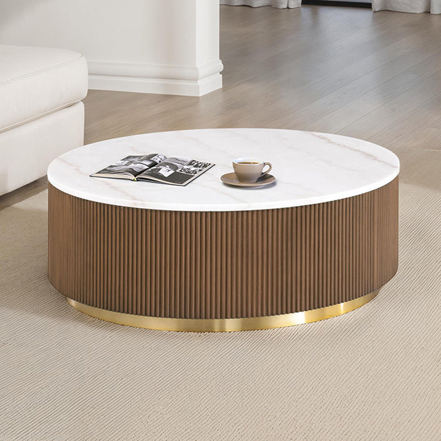 Virden Round Cocktail Table - Brown/White/Gold