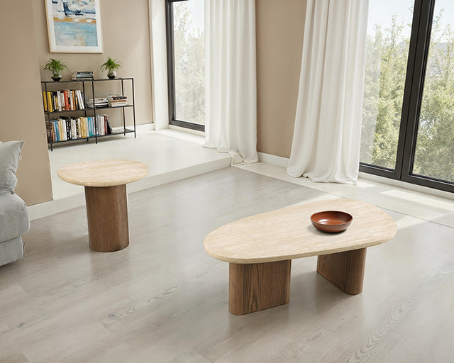 Nolfi Coffee Table - Yellow Travertine/Brown Oak