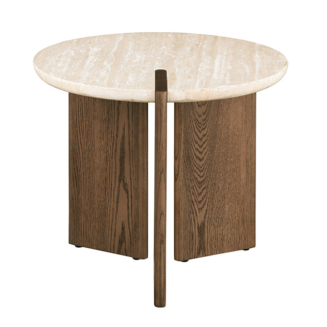Olney End Table - Yellow Travertine/Brown Oak