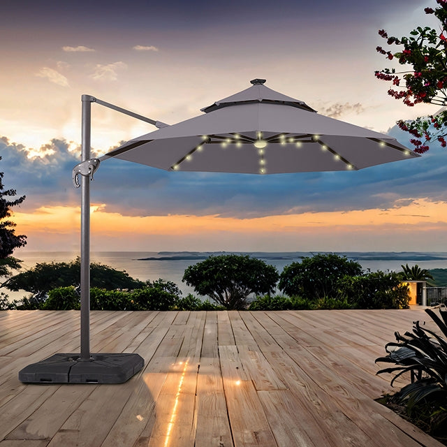 Nuti 10 Ft Round Umbrella w/ LED Light + 37" Large Base - Gray