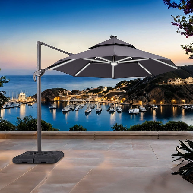 Fera 10 Ft Round Umbrella w/ LED Bulb + 37" Large Base - Gray