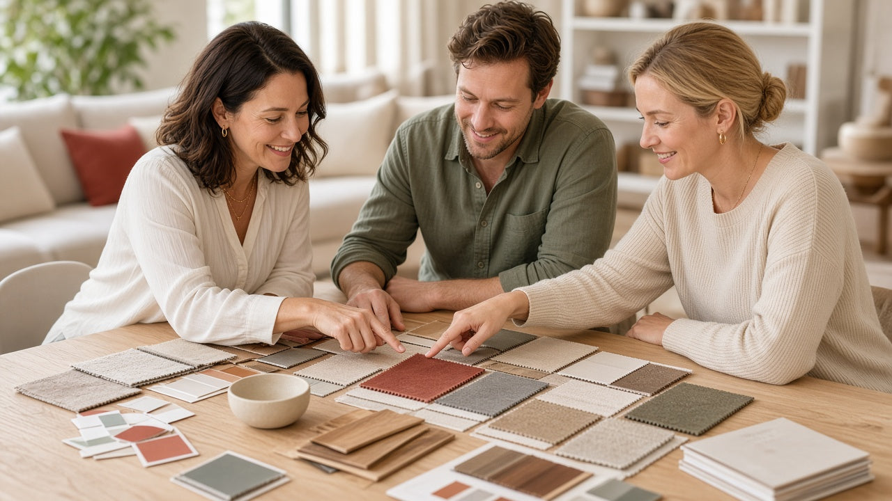 A&M design consultant helping a couple choose fabric and color swatches